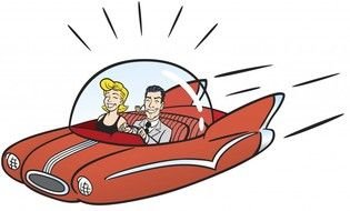 drawing of a man and woman in a flying car