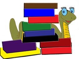 painted multi-colored stack of books and a snake