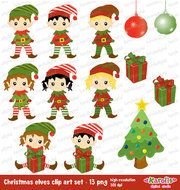 Cute Christmas Elves Digital Set Tree Boys And