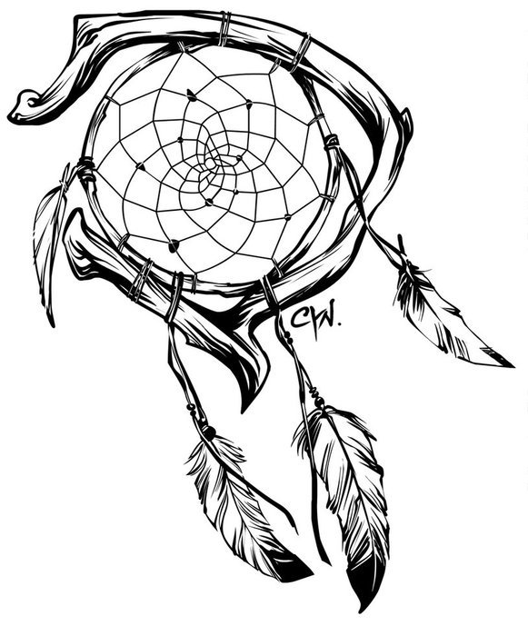 black and white drawing of a dreamcatcher tattoo