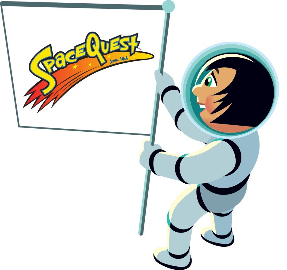 cartoon Astronaut with flag, space quest, banner