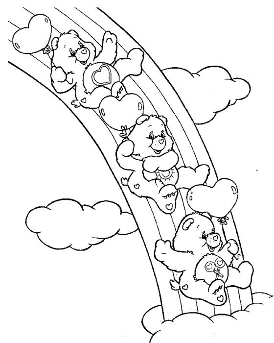 cartoon bears ride on a rainbow