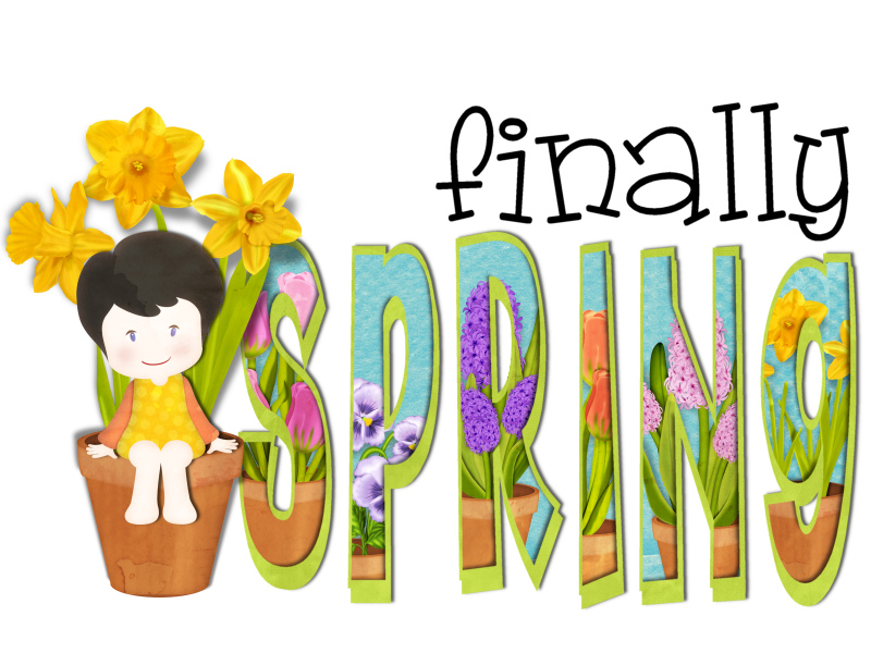 Finally Spring, cartoon child sits on flower pot at colorfull lettering ...