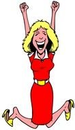 cartoon happy woman in red dress jumps with hands up