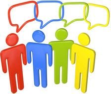 Effective Communication, concept, four persons side by side with thought bubbles intersected