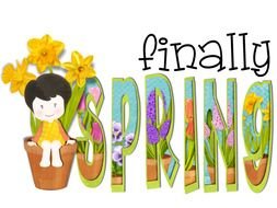 finally Spring, cartoon child sits on flower pot at colorfull lettering