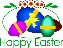 Easter greeting with flowers and bright Eggs