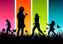 silhouettes of people on the background of multi-colored stripes