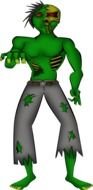 green Halloween zombie in torn pants