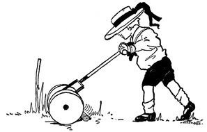 black and white picture of a man with a lawn mower