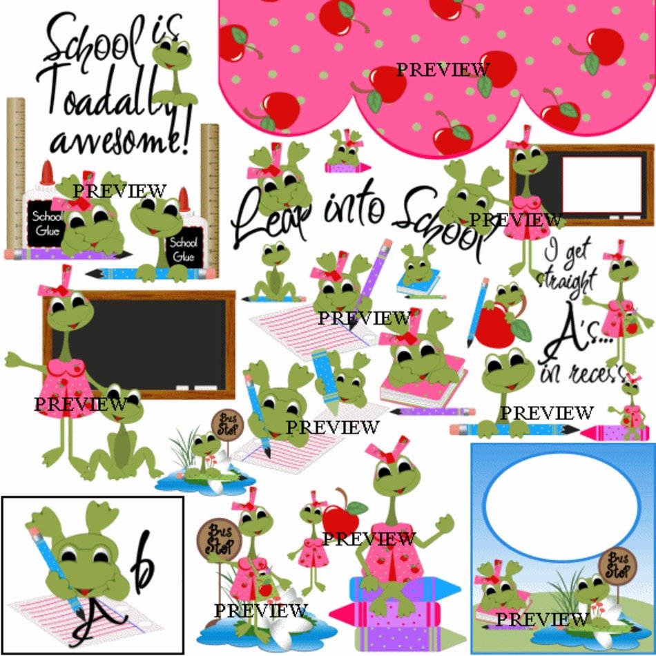 Frogs Back To School Boy And Girl With Pencils Crayons Apple