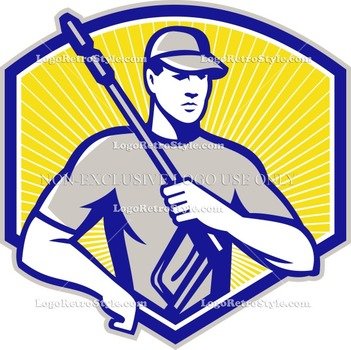 Contractor Power Washer Holding Water Blaster Front Logo Retro Style
