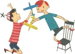 two drawn boys play with toy airplanes