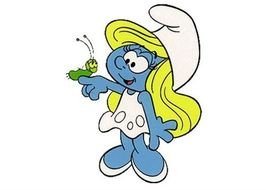 drawing of a smurf girl with a green caterpillar