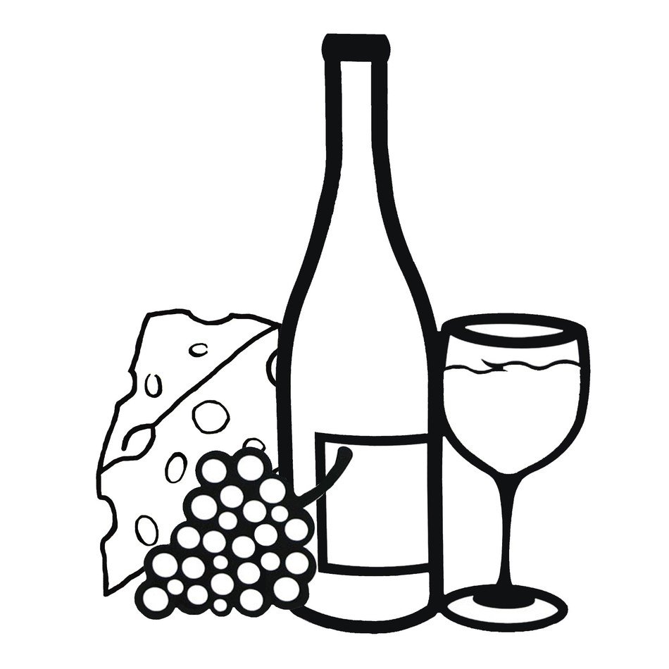 black and white picture with wine and cheese