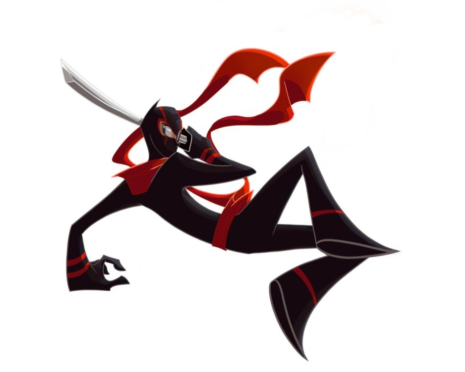 drawing of a ninja in a black suit and red ribbons