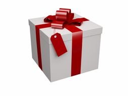 white gift box with red ribbon and tag