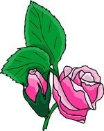 painted pink rose bud with green leaves