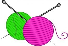 clipart of drawn green, pink clew and knitting needles