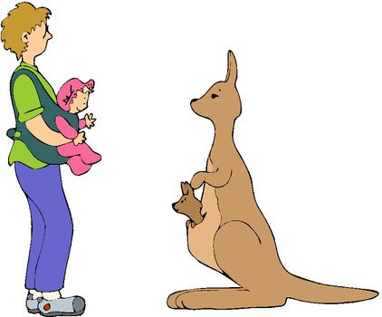 painted woman with a baby and a kangaroo with a cub