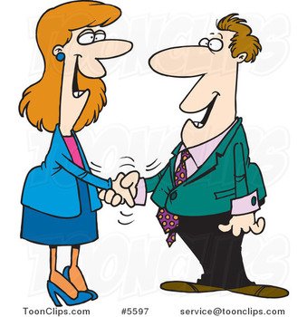 Cartoon Business Man And Lady Shaking Hands 5597 By Ron Leishman