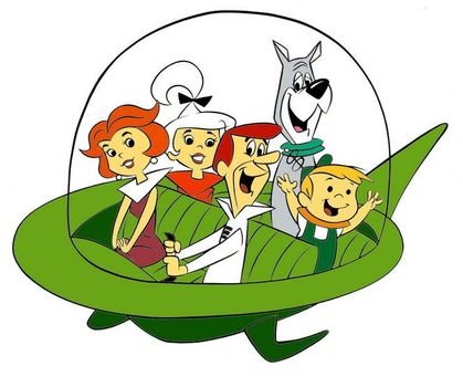 cartoon Flintstones family on a spaceship
