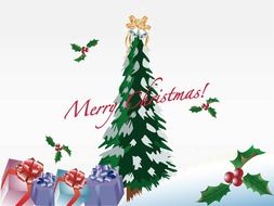 merry Christmas, greeting with gifts beneath snowy fir tree