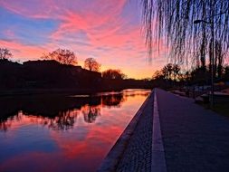 pink sunset over the river in poland