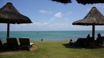 thatched umbrellas over sunbeds on the beach