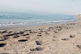 sandy beach with footprints near the sea