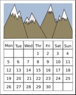 calendar with snow-capped mountains, drawing