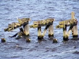 remains of a wooden pier in the ocean