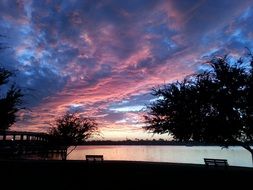 Beautiful and colorful sunset over the river with plants