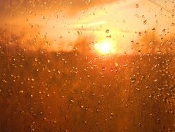 raindrops on the glass in the evening sunset