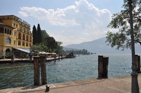 yellow old building on the shores of Lake Garda, Italy