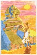 felt tip pen drawing of sphinx and a woman at sunset
