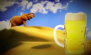 A glass of beer on the background of an elephant among the sands
