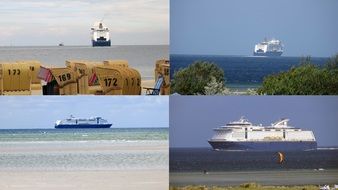 a collage of photos of blue and white ferries in the ocean