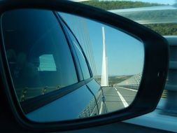 reflection of the road in the car mirror during the journey