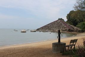 straw umbrella and wooden chairs at a beach in Malaysia