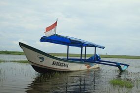 roofed boat with flag on water