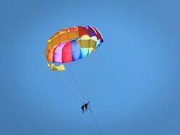 parachutist with a multi-colored parachute in the blue sky