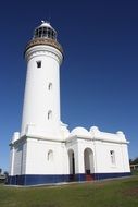 white lighthouse on a green hill