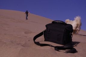 tourist bag near the puppy on the sand