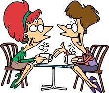 two cartoon adult women talking at table