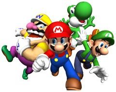 drawn characters Mario running on a white banner