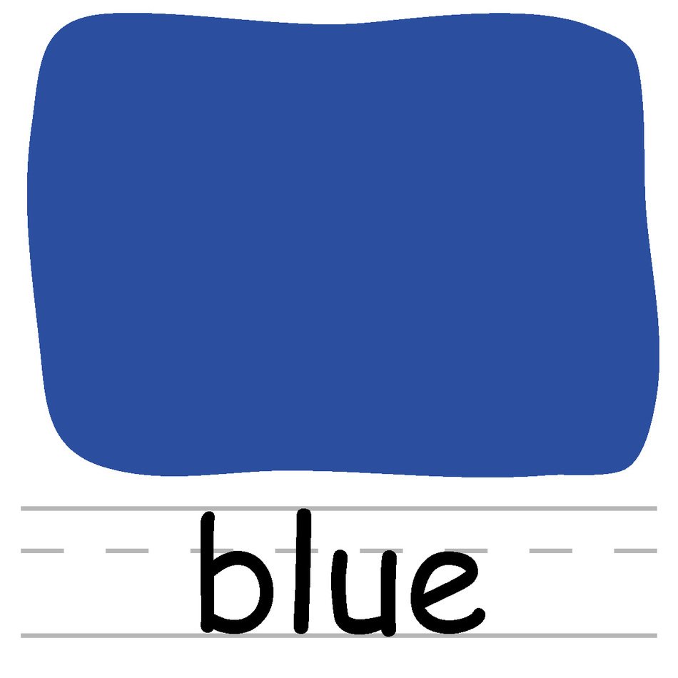 Blue, word beneath simple colorful form