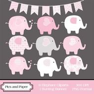 Pink Elephant And Bunting Banner White Gray For Crafts