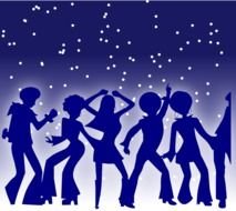 silhouettes of dancing people on a blue background