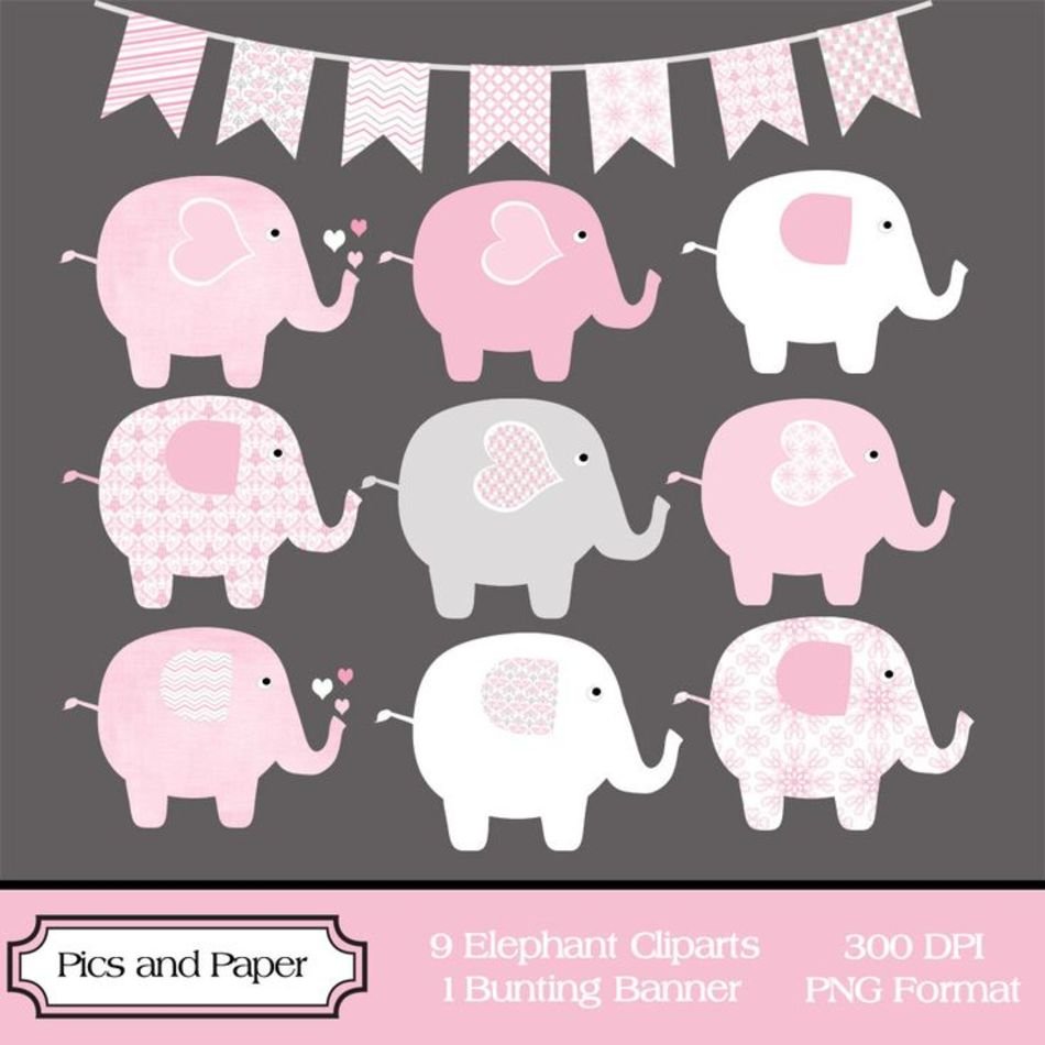 Pink Elephant And Bunting Banner White Gray For Crafts
